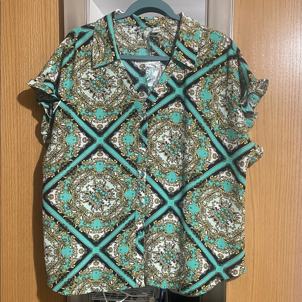 Cato Teal Black and Gold Patterned Top size XL button up ruffle sleeves